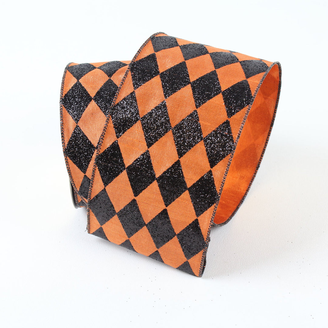 Farrisilk LUXURY 4" X 10 YD orange with Black Glitter Diamonds Wired Ribbon
