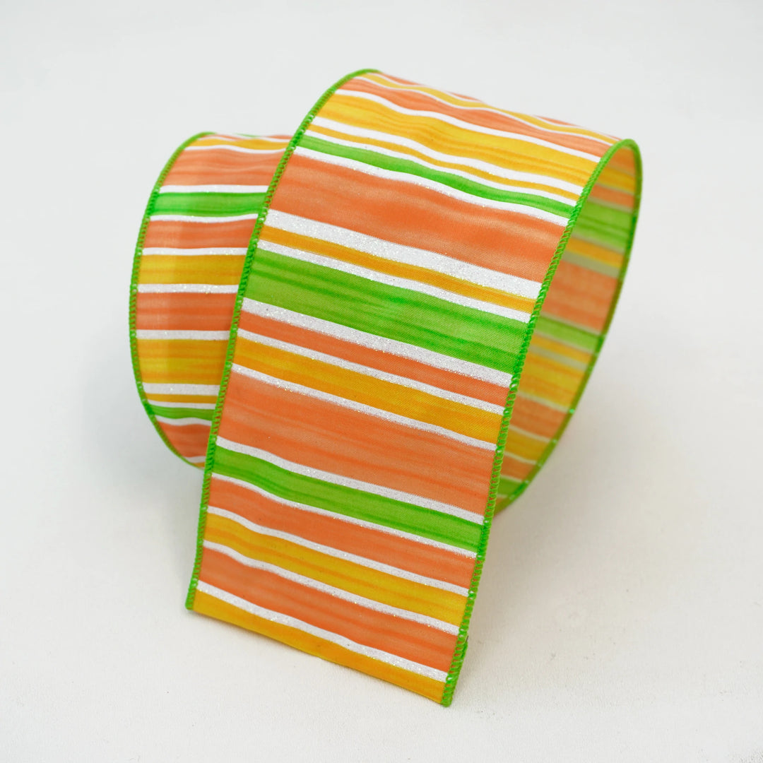 Farrisilk 4" x 10 YD Citrus Stripes Wired Ribbon in Orange/Green/Yellow/White