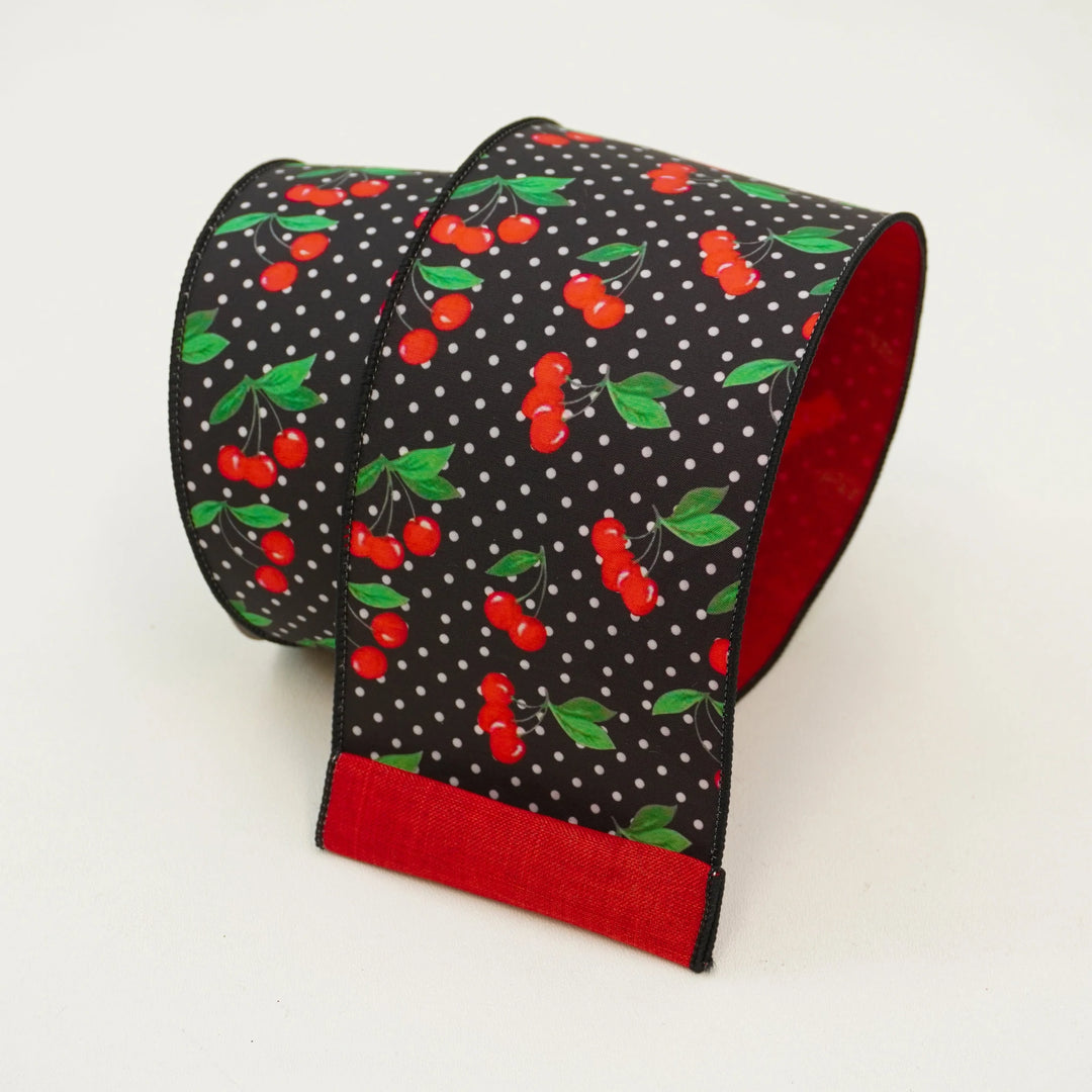 Farrisilk 2.5" x 10 YD Cherry Dots Wired Ribbon in Black/Red/Green/White