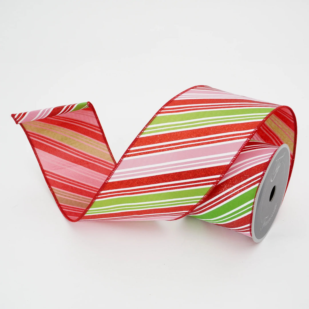 Farrisilk 4" x 10 YD Candy Stripes Wired Ribbon in Pink, Red, Lime and White