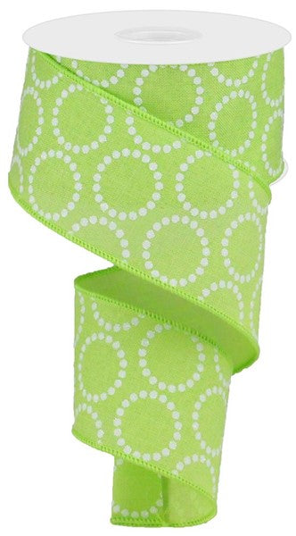 Lime Green & White Feathers Ribbed Wired Craft Ribbon 2.5 x 20