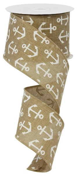 2.5" x 10 YD Anchor Wired Ribbon in Light Beige and White