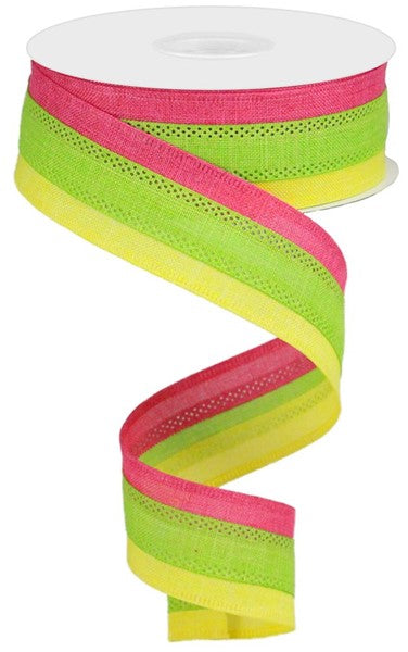 1.5" x 10 YD 3 in 1 Royal Burlap Wired Ribbon in Hot Pink/Yellow/Lime