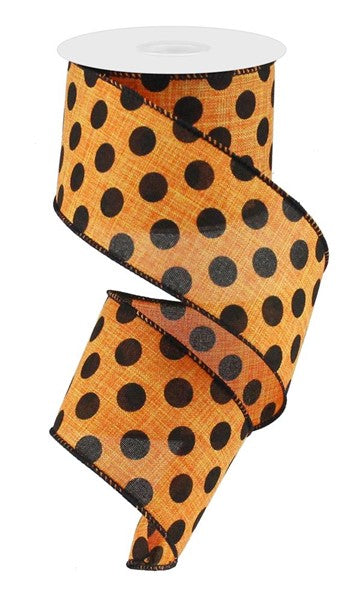 2.5" x 10 YD Medium Polka Dot Royal Burlap in Orange/Black Wired Ribbon