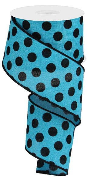2.5" x 10 YD Medium Polka Dot Royal Burlap in Turquoise/Black Wired Ribbon