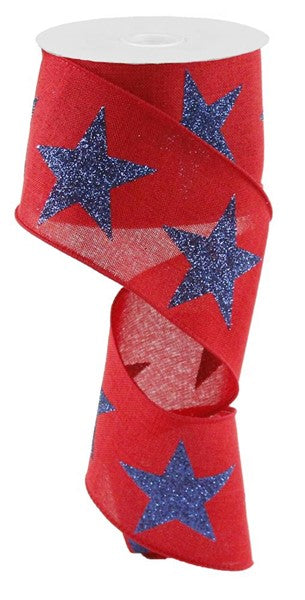 2.5" X 10 YD Bold Glitter Star on Royal Wired Ribbon in Red/Navy Blue