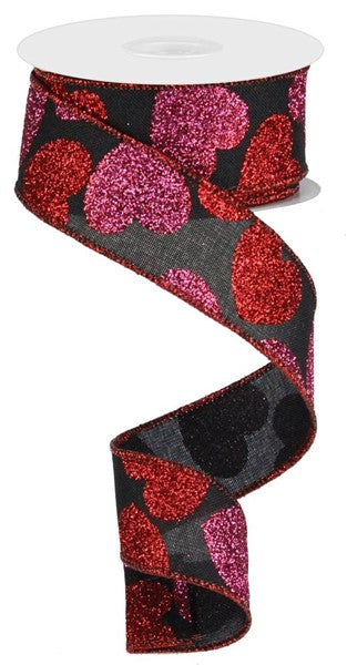 1.5" x 10 YD Bold Glittered Hearts on Royal Wired Ribbon in Black/Red/Pink