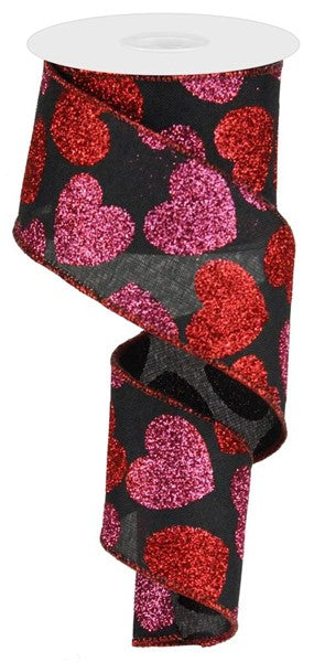 2.5" x 10 YD Bold Glittered Hearts on Royal Wired Ribbon in Black/Red/Pink