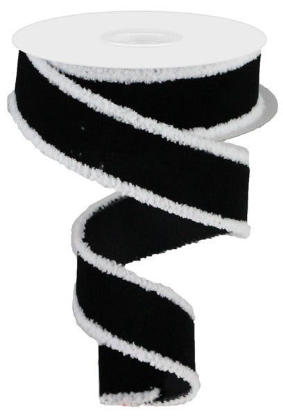1.5" x 10 YD Black Velvet with White Drift Edge Wired Ribbon