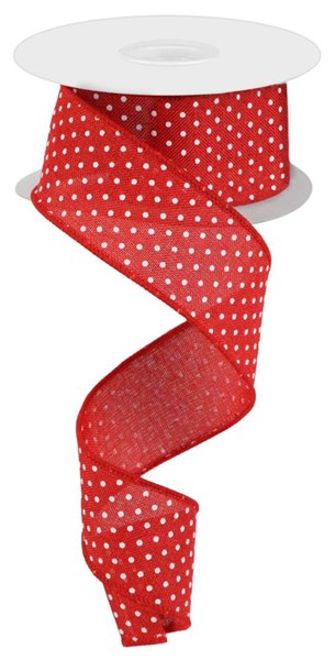 1.5" x 100 Feet Red with White Raised Swiss Dots Wired Ribbon