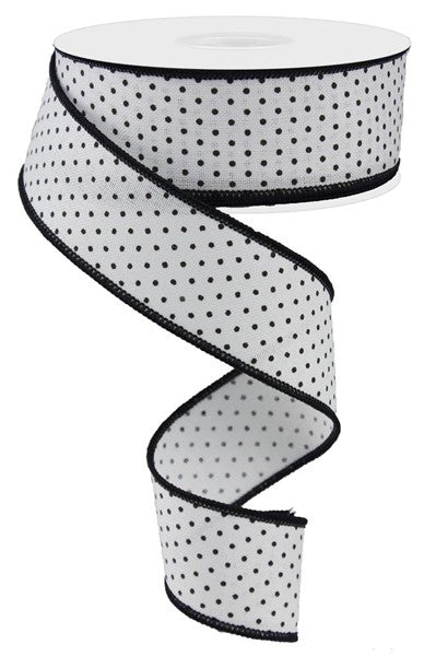 1.5" x 100 Feet White with Black Raised Swiss Dots Wired Ribbon