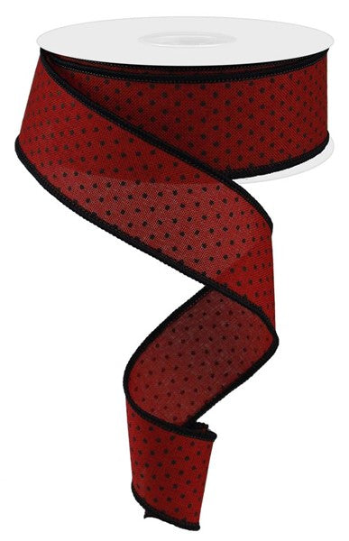 1.5" x 100 Feet Red with Black Raised Swiss Dots Wired Ribbon