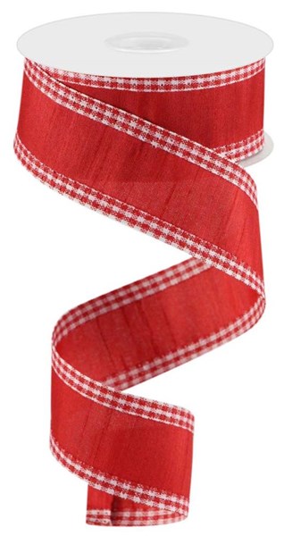 1.5" x 10 YD Faux Dupioni Mini Gingham Edge Wired ribbon in Red/White