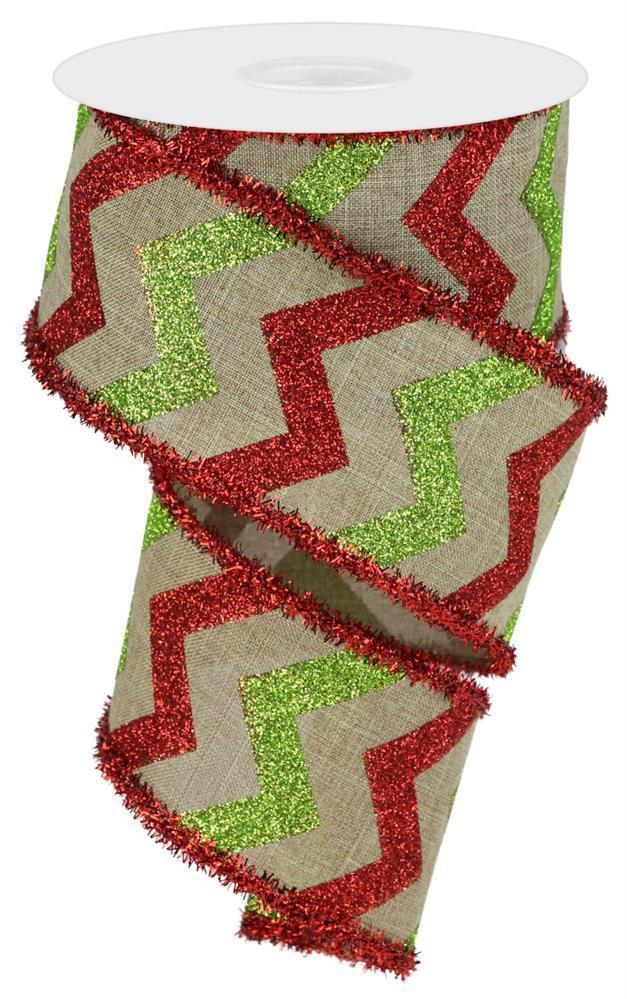 2.5X10YD Lime/Red GLITTER CHEVRON/ROYAL/TINSEL Wired Ribbon