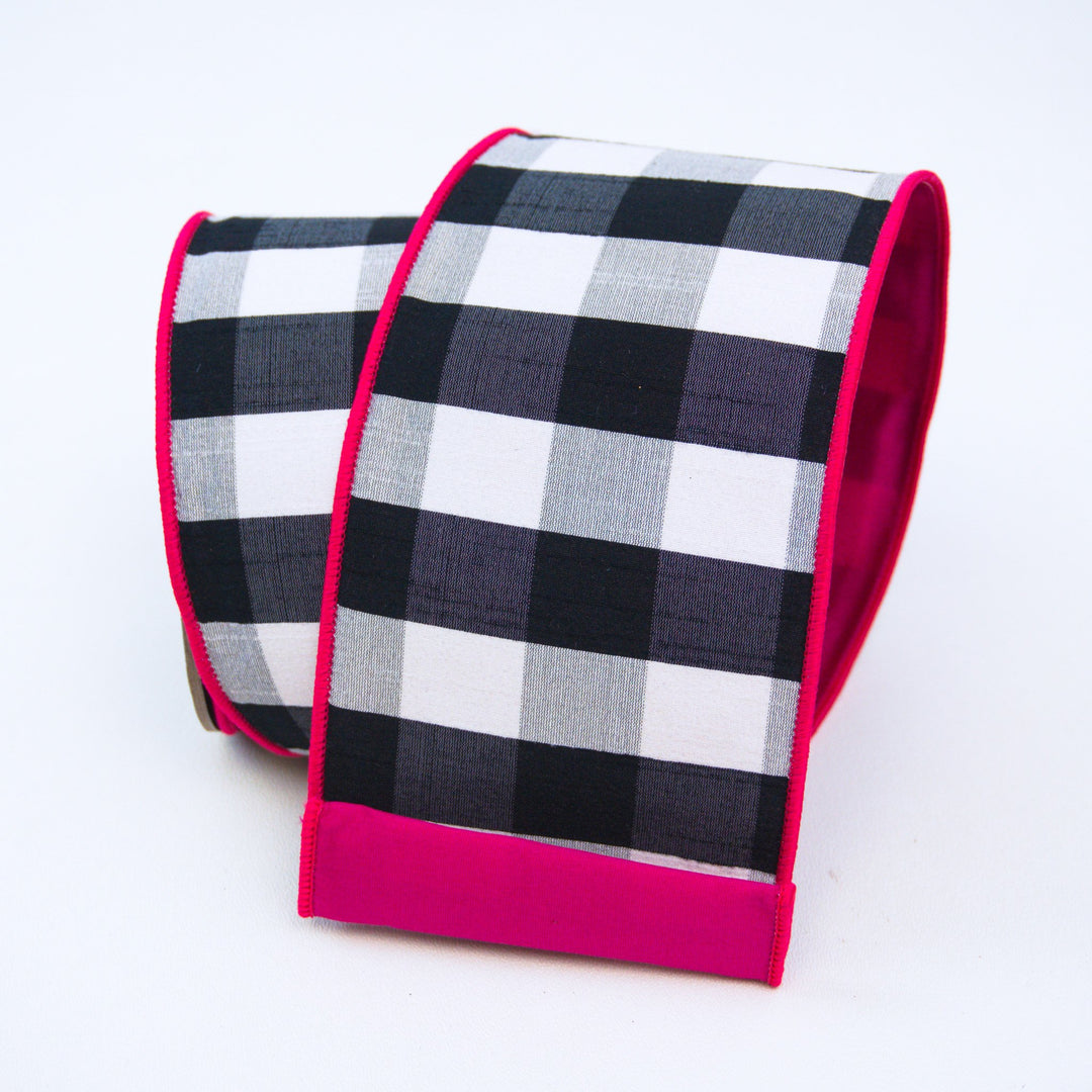 Farrisilk LUXURY 4" x 10 YD Checks Black/White/Pink Wired Ribbon