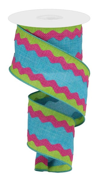 2.5"X10YD Ric Rac Wired Ribbon on Royal in Lime/Turquoise/Fuchsia