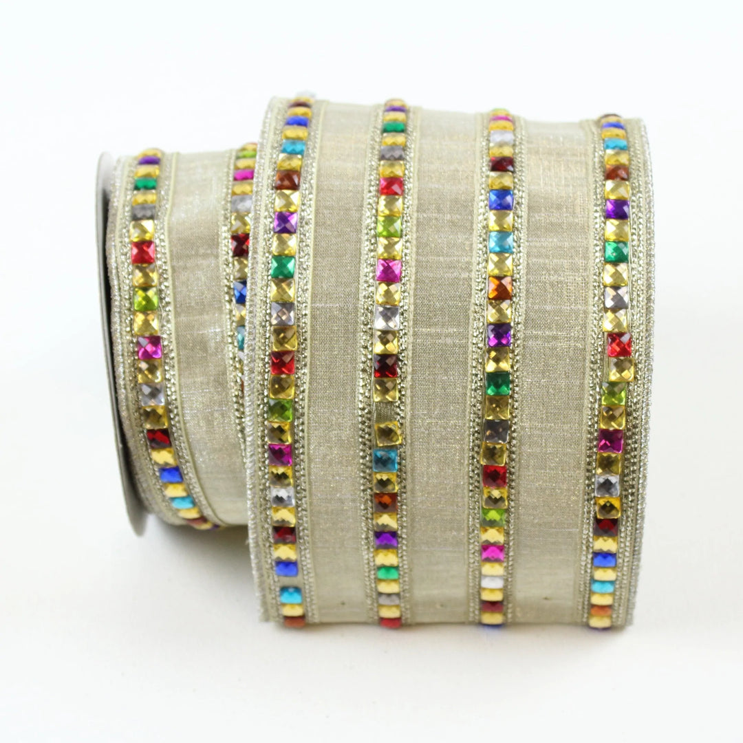 Farrisilk 4" x 5 YD Rainbow Jewel Wired Ribbon in Platinum