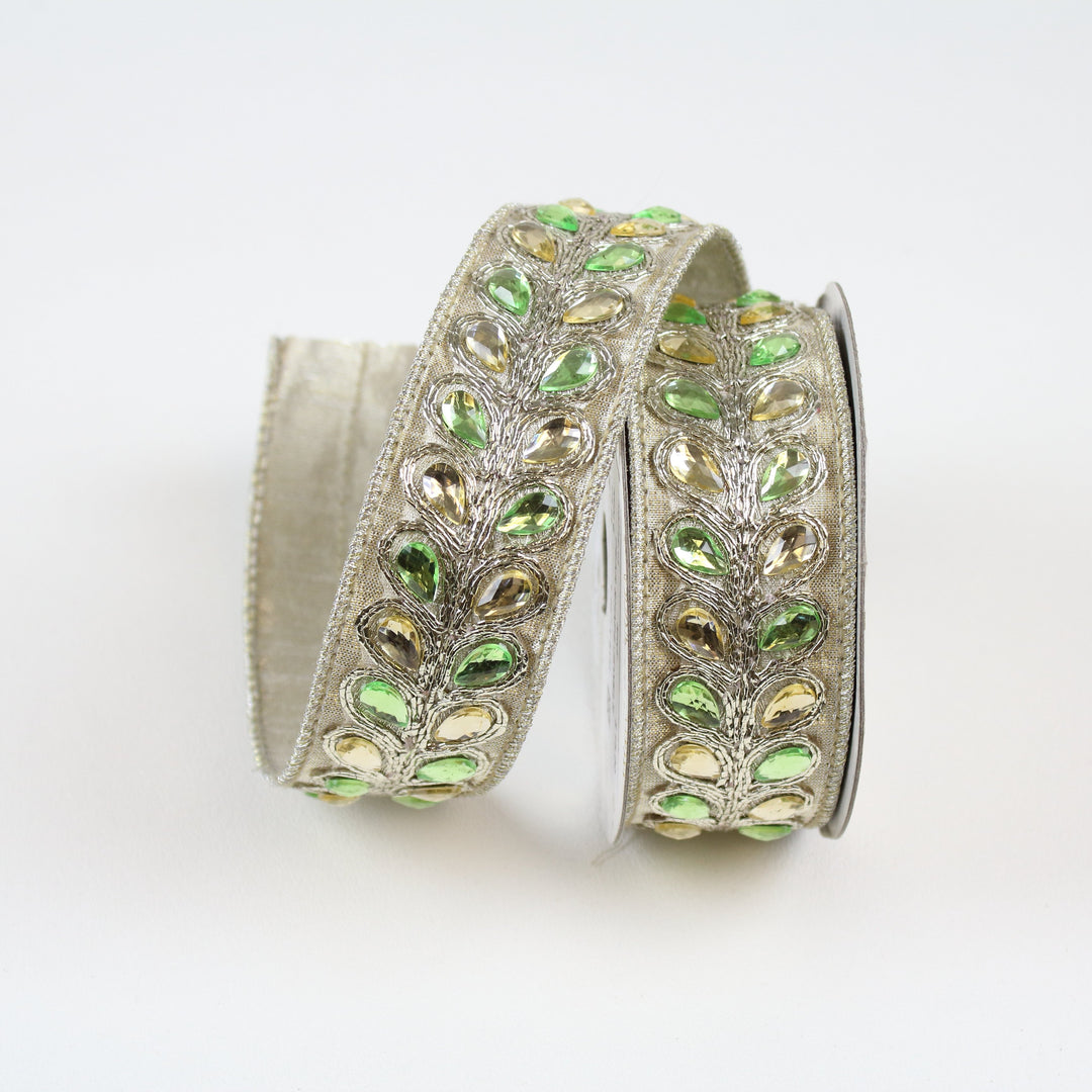 Farrisilk LUXURY 1.25" x 5 YD Pear Shaped Jewels in Mint Green Wired Ribbon