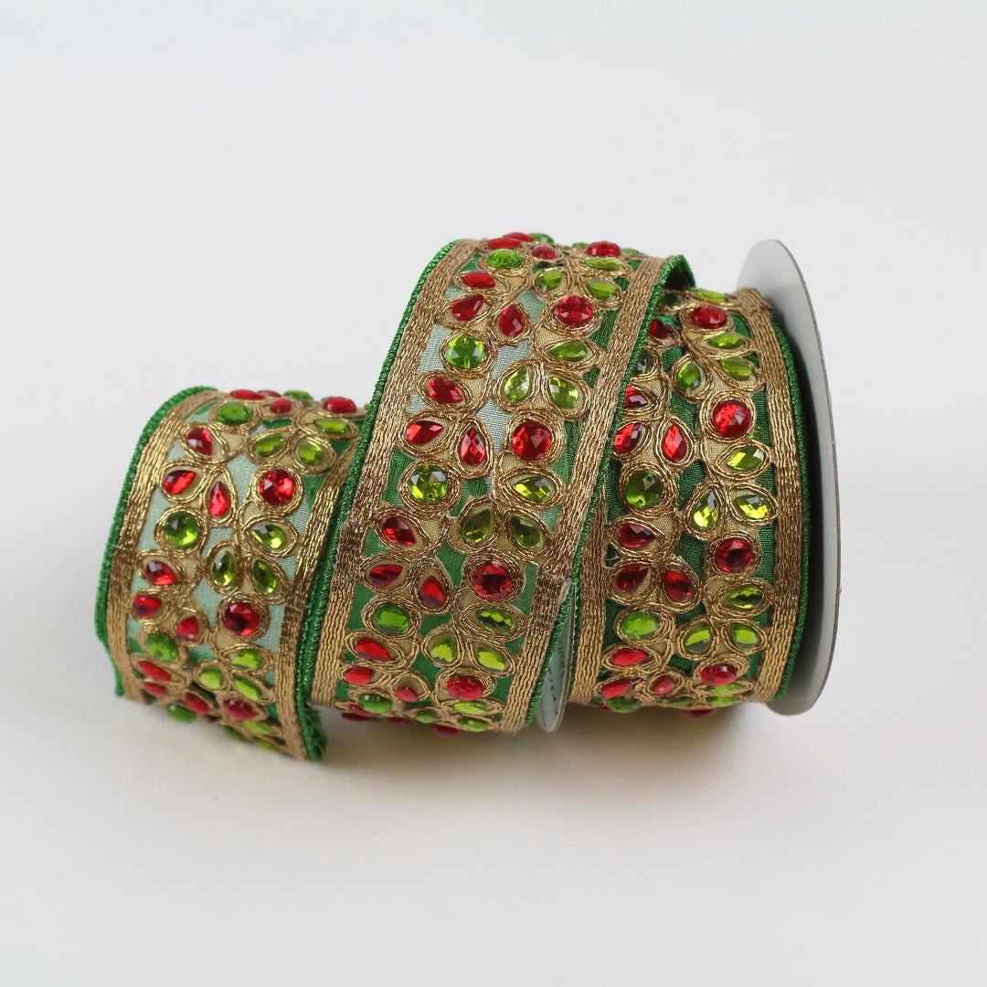 Farrisilk 1.5" x 5 YD Two Tone Jewels Wired Ribbon in Red/Lime