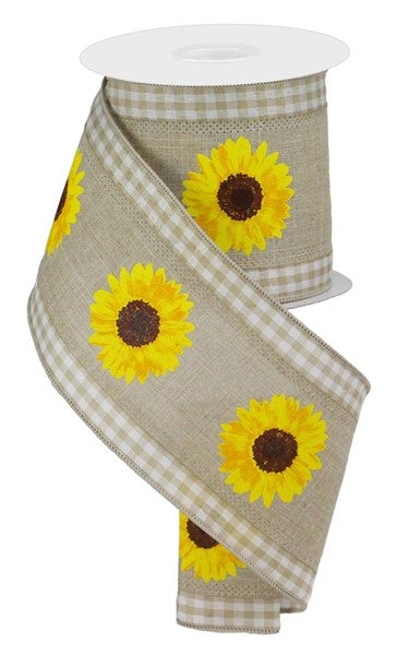 4"X10Yd 3 In 1 Sunflower/Gingham Wired Ribbon- Natural/Yellow/Tan/White