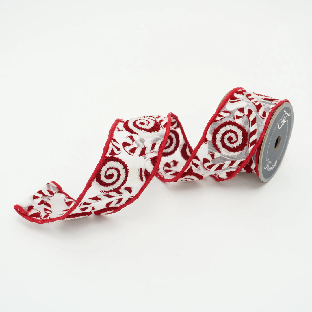 Farrisilk 2.5" X 10 YD Red/White Embroidered Candies Wired Ribbon