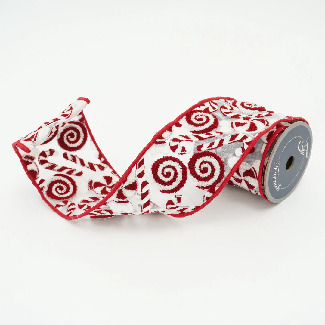Farrisilk 4" X 10 YD Red/White Embroidered Candies Wired Ribbon