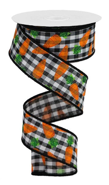 1.5"X10YD Carrots on Gingham Check Wired Ribbon in Black/White/Orange/Green