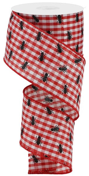 2.5" x 10 YD Picnic Ants on Gingham Wired Ribbon in Red/Black/White
