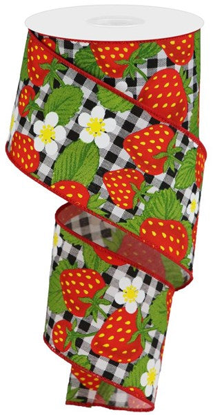 2.5" x 10 YD Strawberries on Check Wired Ribbon in Red/Black/White