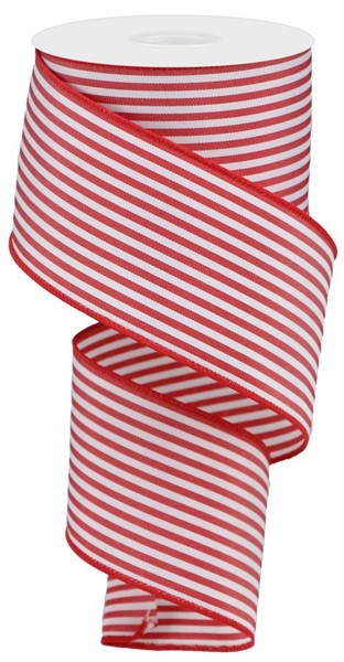 2.5" X 10YD Woven Vertical Thin Stripe Wired Ribbon in Red/White