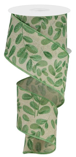 2.5" X 10YD Bold Leaves on Royal Wired Ribbon - Natural/Green
