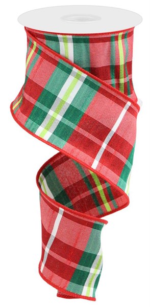 2.5" x 10 YD Plaid Faux Dupioni Wired Ribbon - Red/Emerald Green/Lime Green/White