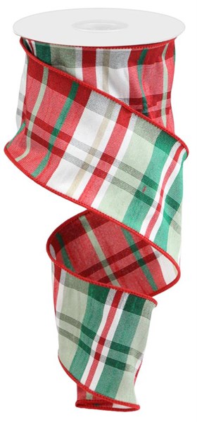 2.5" x 10 YD Plaid Faux Dupioni Wired Ribbon - Red/Emerald Green/Sage Green/White/Tan