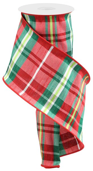 4" x 10 YD Plaid Faux Dupioni Wired Ribbon - Red/Emerald Green/Lime Green/White