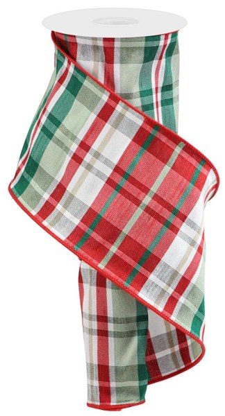 4" x 10 YD Plaid Faux Dupioni Wired Ribbon - Red/Emerald Green/Sage Green/White
