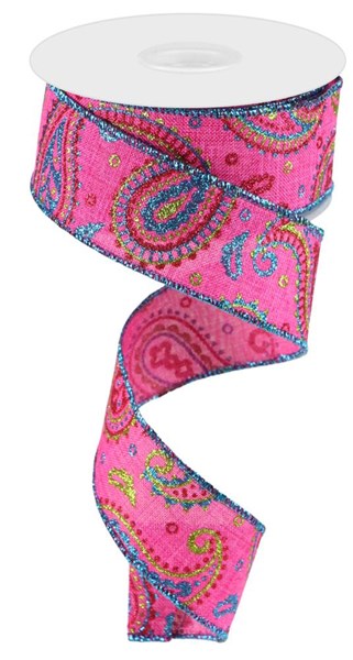1.5" x 10 YD Paisley on Royal Wired Ribbon in Pink/Lime Green/Hot Pink/Turquoise