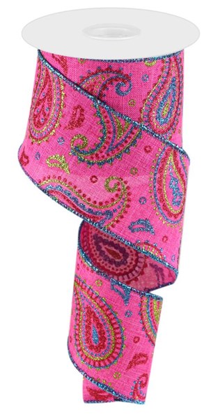 2.5" x 10 YD Paisley on Royal Wired Ribbon in Pink/Lime Green/Hot Pink/Turquoise