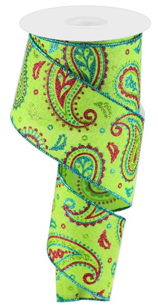 2.5" x 10 YD Paisley on Royal Wired Ribbon in Lime Green/Hot Pink/Turquoise
