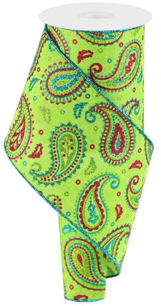 4" x 10 YD Paisley on Royal Wired Ribbon in Lime Green/Hot Pink/Turquoise