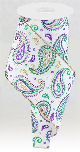 4" x 10 YD Paisley on Royal Wired Ribbon in White/Gold/Purple/Emerald Green