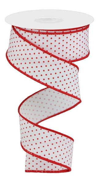 1.5" x 100 Feet White with Red Raised Swiss Dots Wired Ribbon