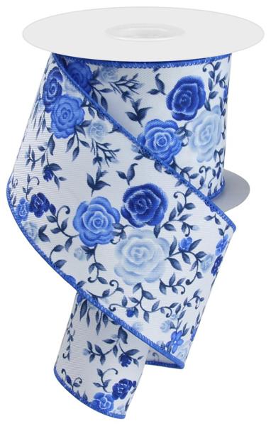 2.5 x 10 YD Mini Roses Wired Ribbon in White and Blue