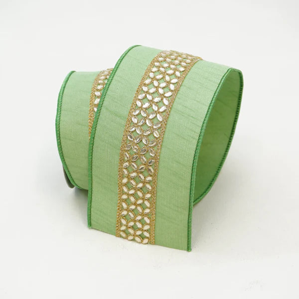 Farrisilk 4" x 10 YD Spring Jewels Wired Ribbon in Mint