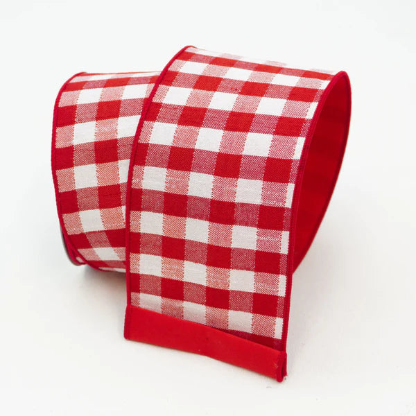 Farrisilk LUXURY 4" x 10 YD Woven Checks Red and White Wired Ribbon