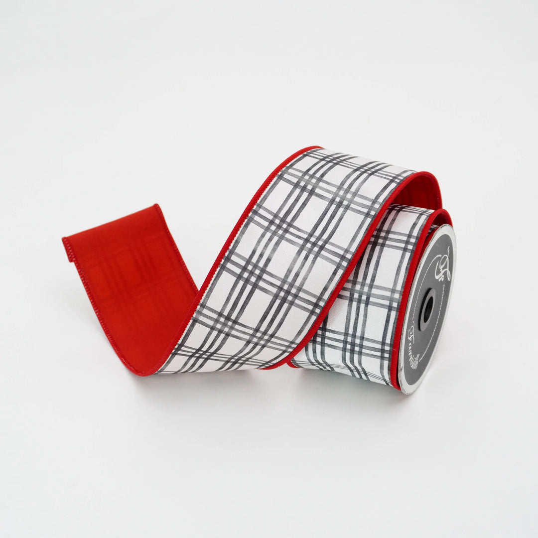 Farrisilk 2.5" x 10 YD Cottage Plaid Wired Ribbon in Red, Black, White
