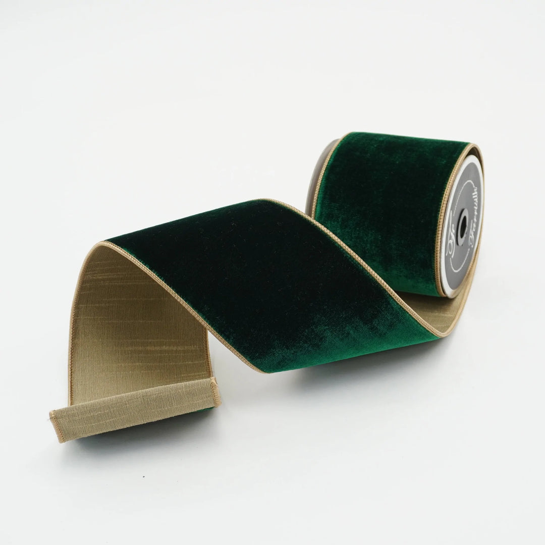 Farrisilk 4" x 10 YD Two Tone Velvet in Emerald Green and Gold Wired Ribbon