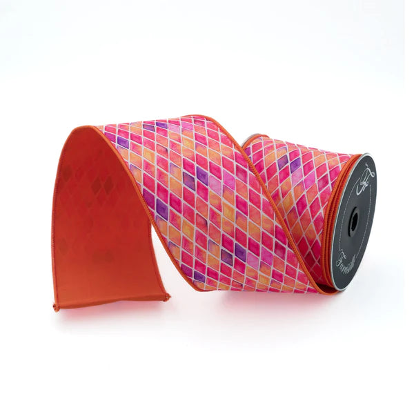 Farrisilk 4" x 10 YD Autumn Diamonds Wired Ribbon in Orange/Purple/Pink