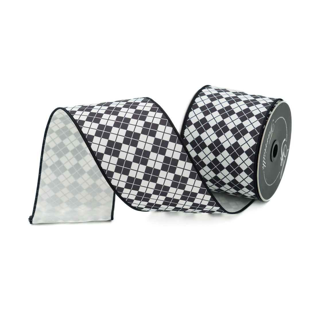 Farrisilk 4" x 10 YD Black and White Argyle Wired Ribbon
