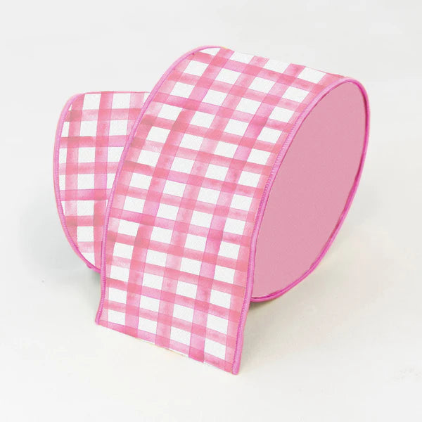 Farrisilk 4" x 10 YD Pink Watercolor Gingham Wired Ribbon