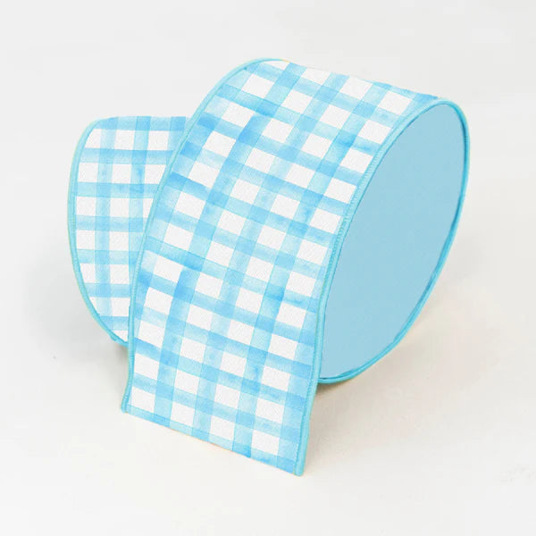 Farrisilk 4" x 10 YD Blue Watercolor Gingham Wired Ribbon